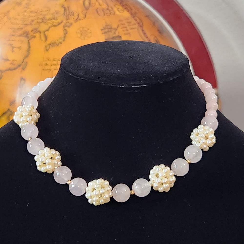 Zoe B Vintage 90s 14K Gold Rose Quartz White Pearl Cluster Necklace